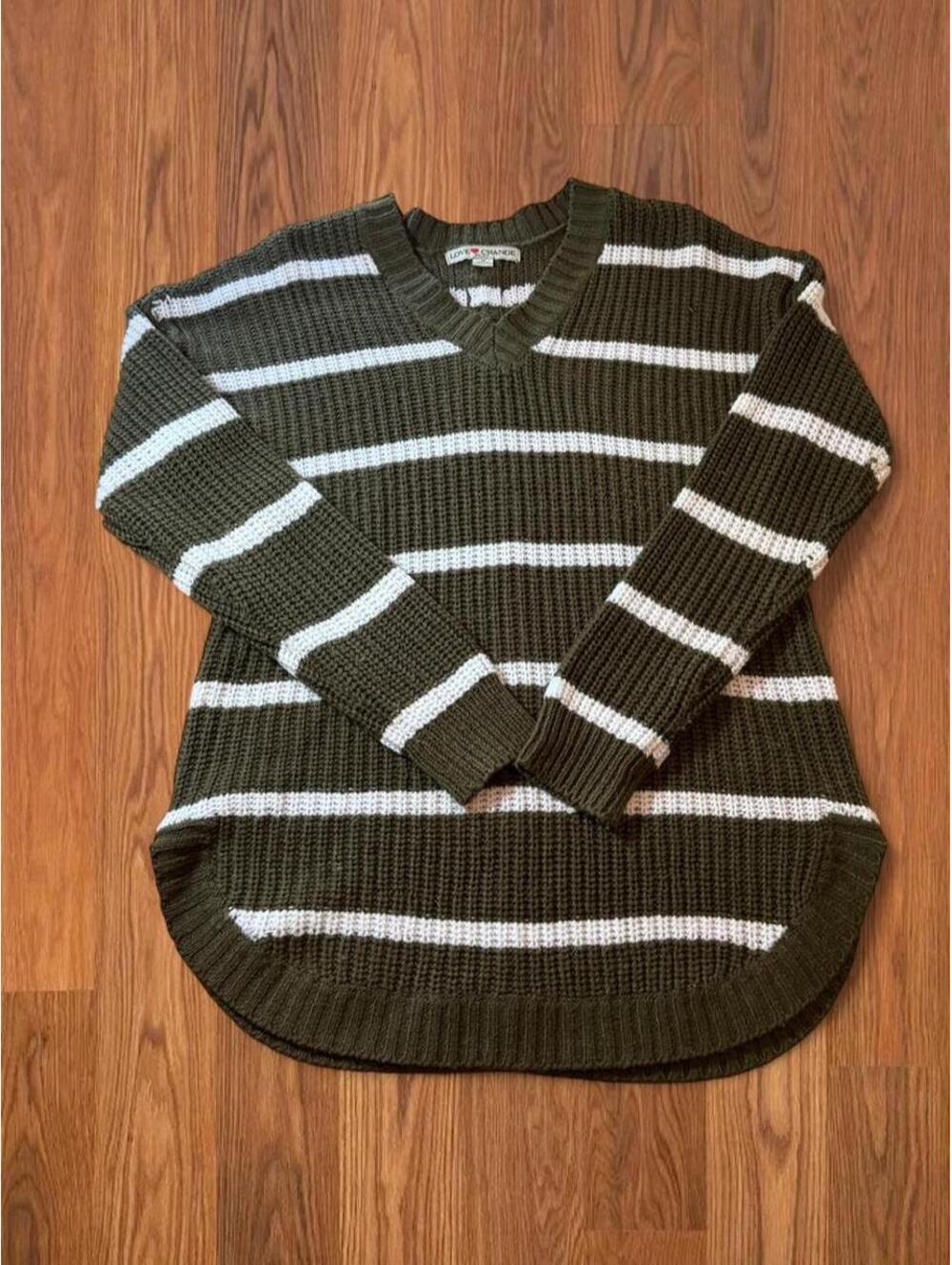 Love Change Italy Sweater Womens 1X Olive Green White Striped Button Back Jumper